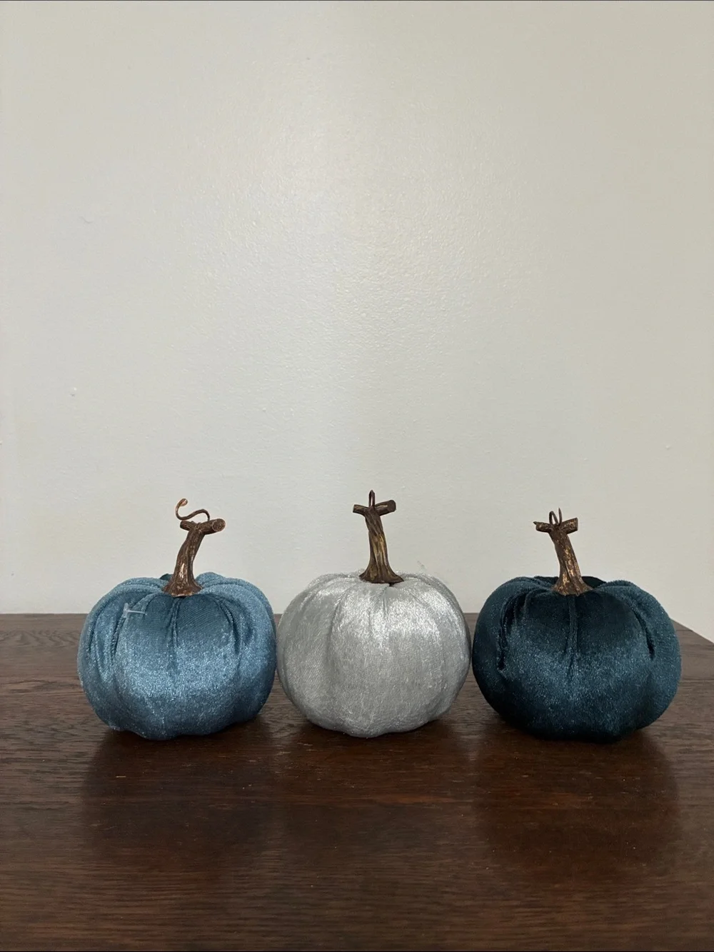 NWT Set of 3- Velvet Pumpkins- Dark Blue, Silver, Teal Fall Holiday Decorations